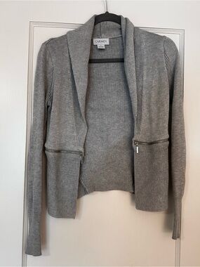 Carmen Marc Valvo Heather Gray Zip-Pocket Shawl Cardigan